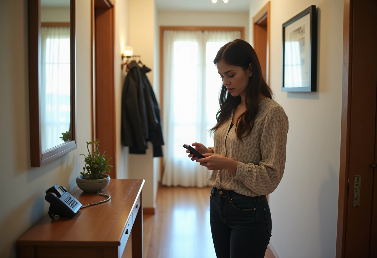 Jeune femme composant un numéro sur un téléphone sans fil dans un couloir