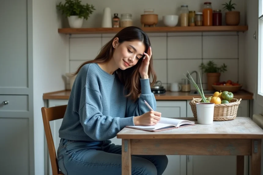 Femme en cuisine notant ses dépenses dans un appartement français