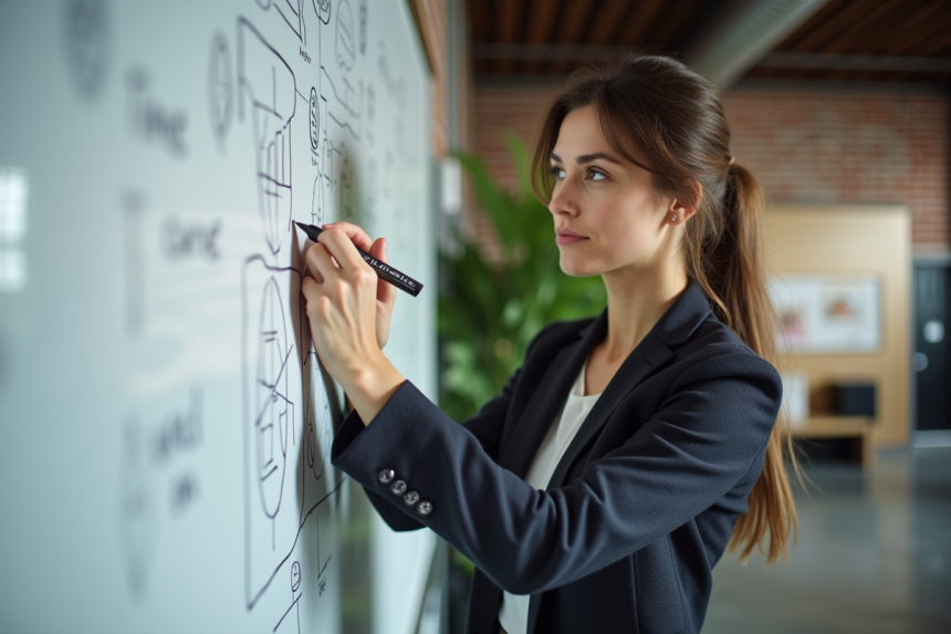 Femme entrepreneure en bureau moderne en train de dessiner