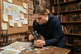 Femme concentrée examinant un cadenas dans une salle d'escape room avec des indices et une carte sur la table
