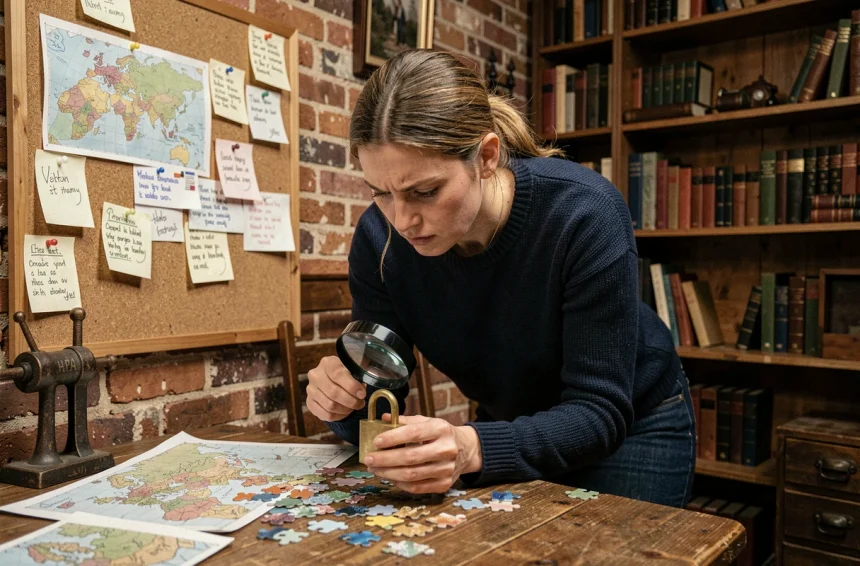 Femme concentrée examinant un cadenas dans une salle d'escape room avec des indices et une carte sur la table