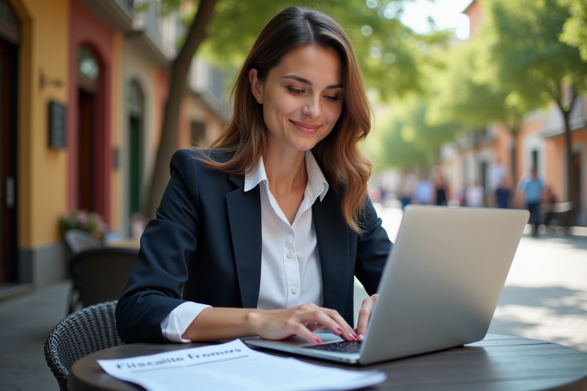 Jeune femme espagnole travaillant sur son ordinateur en terrasse