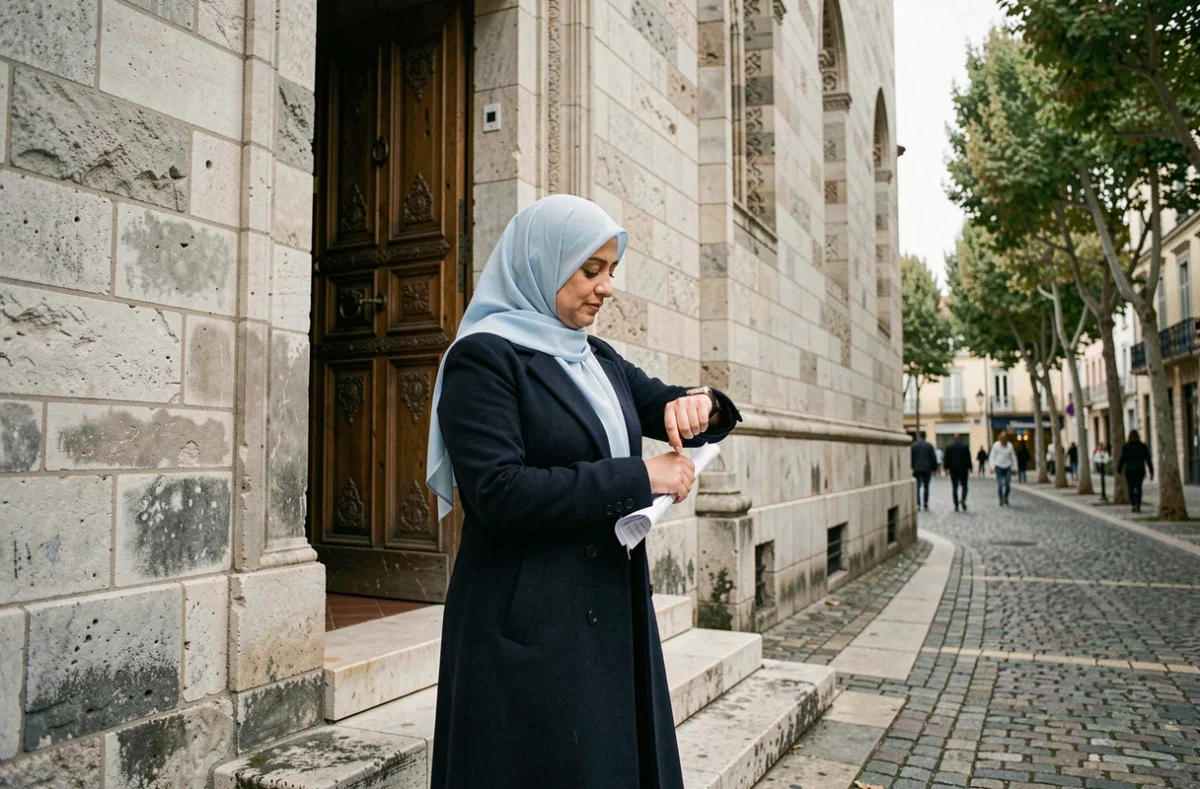 Femme en hijab vérifiant les horaires de prière devant une mosquée à Montpellier