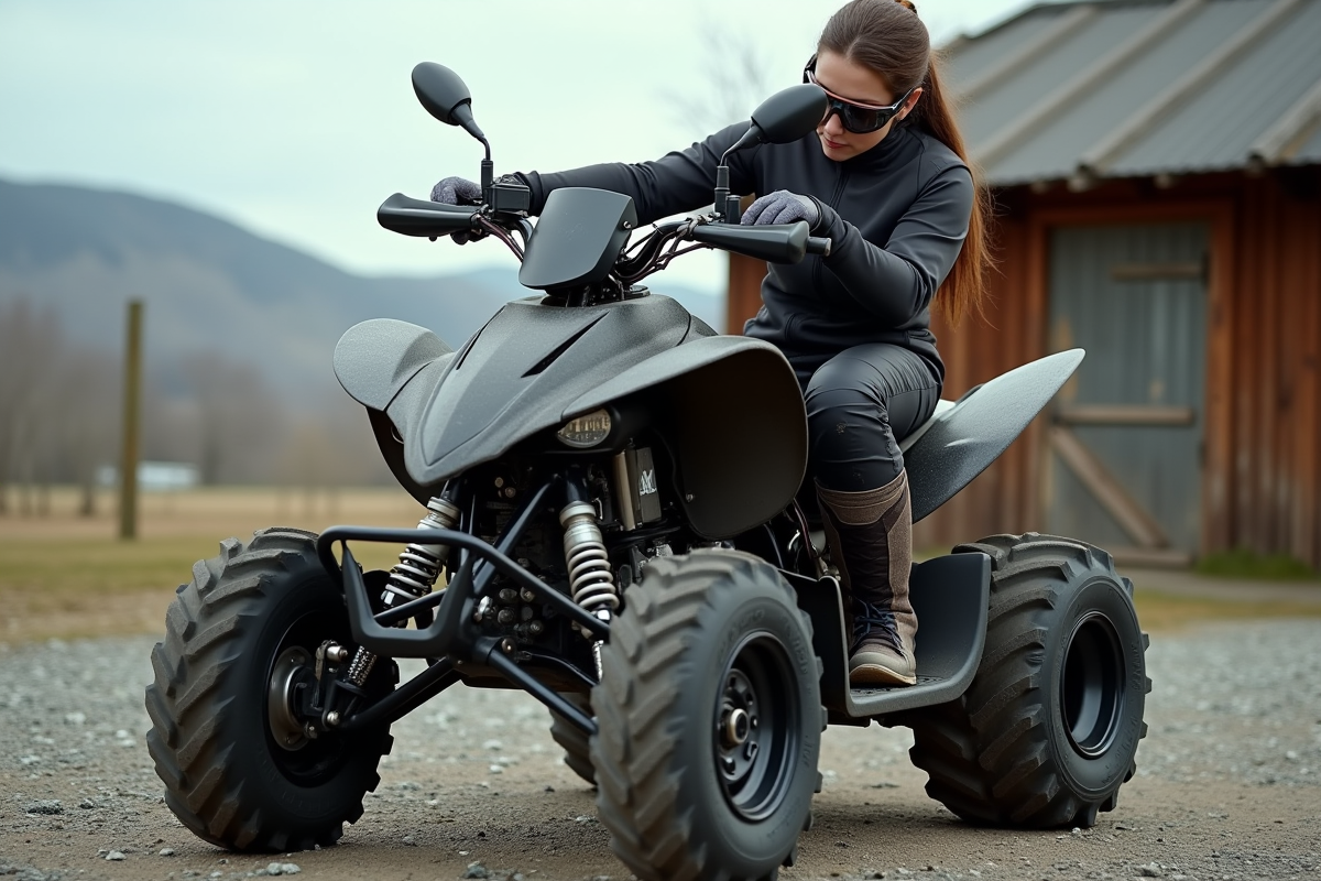Femme vérifiant les pneus de son quad dans un lot extérieur