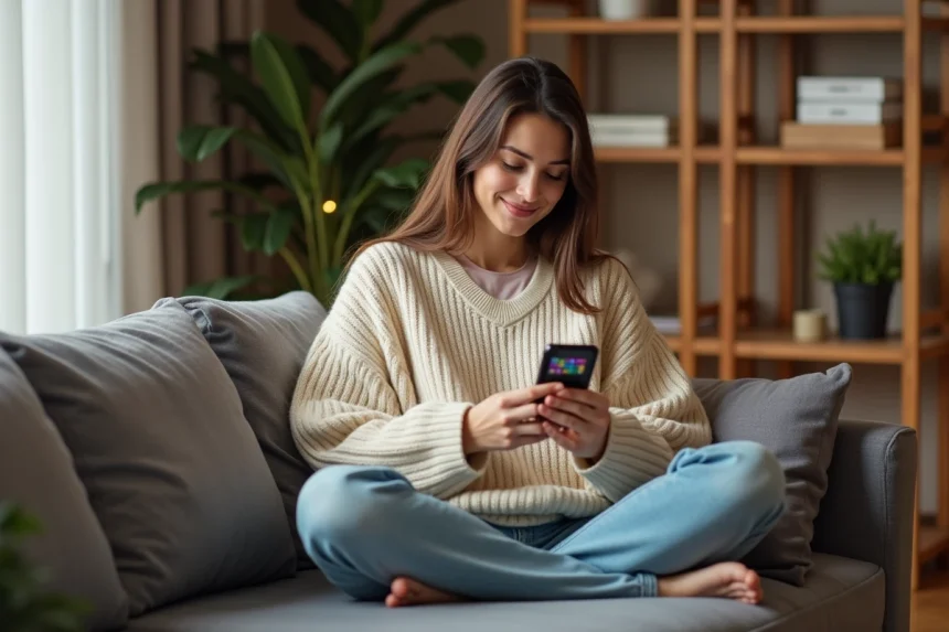 Jeune femme détendue jouant à un jeu de plateau en ligne sur smartphone depuis son canapé