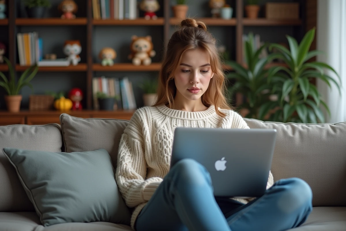 Jeune femme concentrée sur son ordinateur portable dans un salon cosy