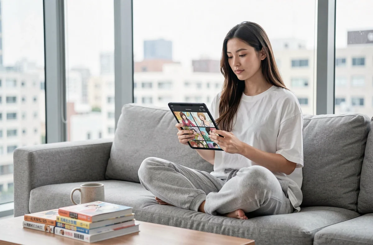 Jeune femme lisant un scan de manga sur tablette via une application officielle dans un salon moderne