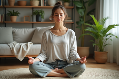 Femme méditant dans un salon cosy et décoré nature
