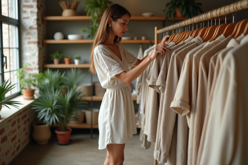 Jeune femme en robe en fibres naturelles dans boutique écologique