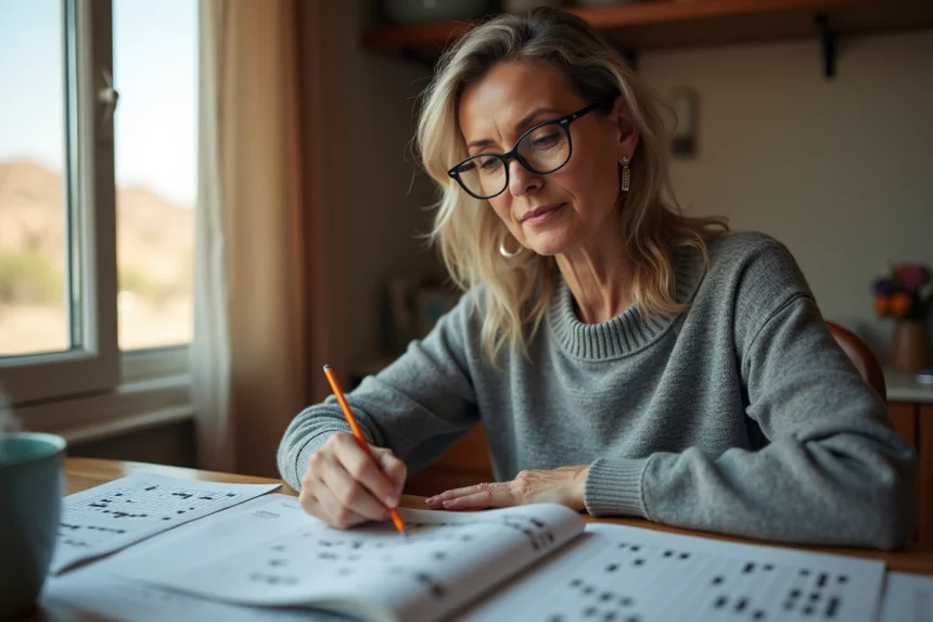 Femme concentrée résolvant des mots croisés avec un crayon sur une grille imprimée, ambiance chaleureuse et studieuse