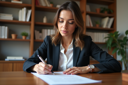 Femme en notaire examinant des documents officiels