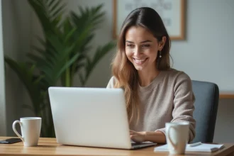 Jeune femme souriante utilisant un ordinateur pour entrer un code promo