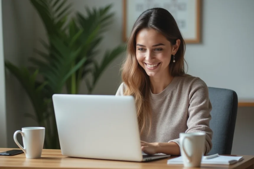 Jeune femme souriante utilisant un ordinateur pour entrer un code promo