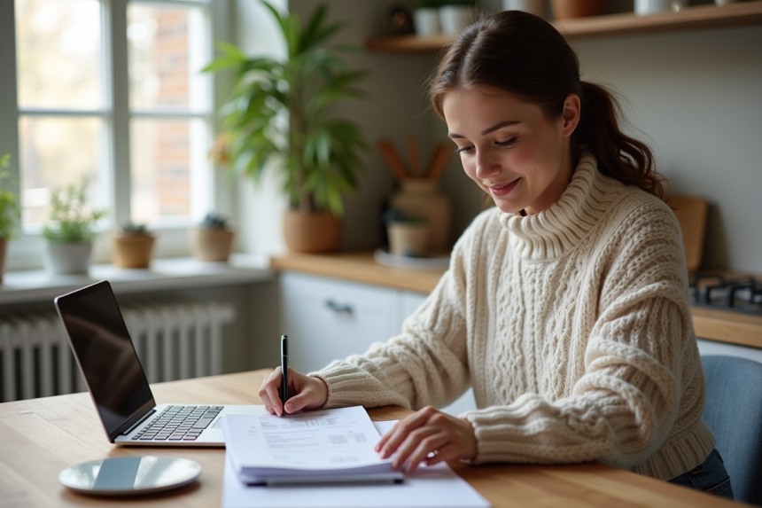 Jeune femme organisant ses reçus dans une cuisine lumineuse