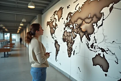 Femme r&eacute;fl&eacute;chissant devant une carte du monde peinte sur un mur