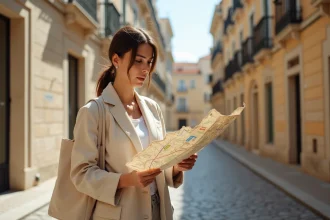 Jeune femme consultant un plan de quartier imprimé dans une rue ensoleillée de Marseille