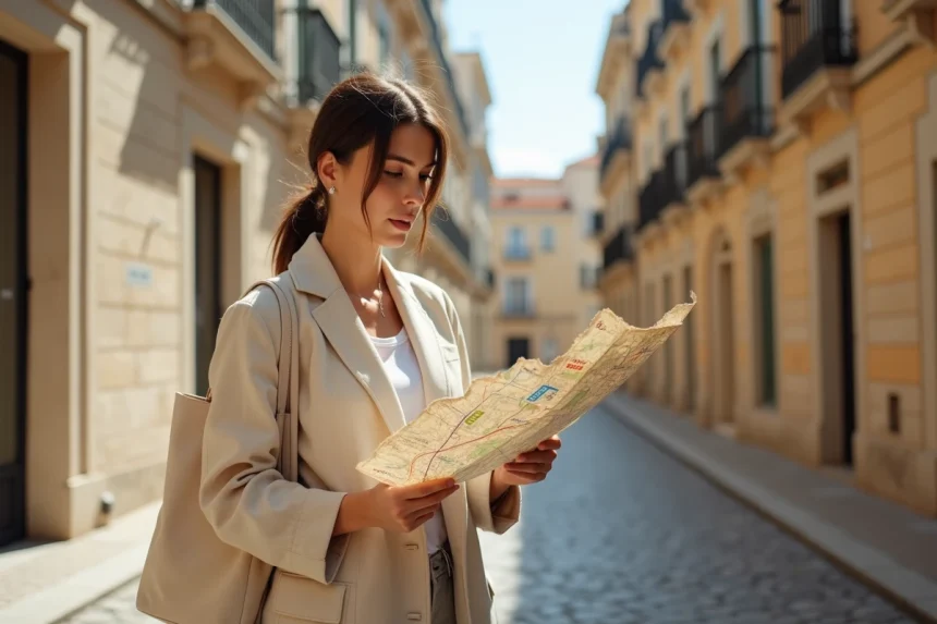 Jeune femme consultant un plan de quartier imprimé dans une rue ensoleillée de Marseille