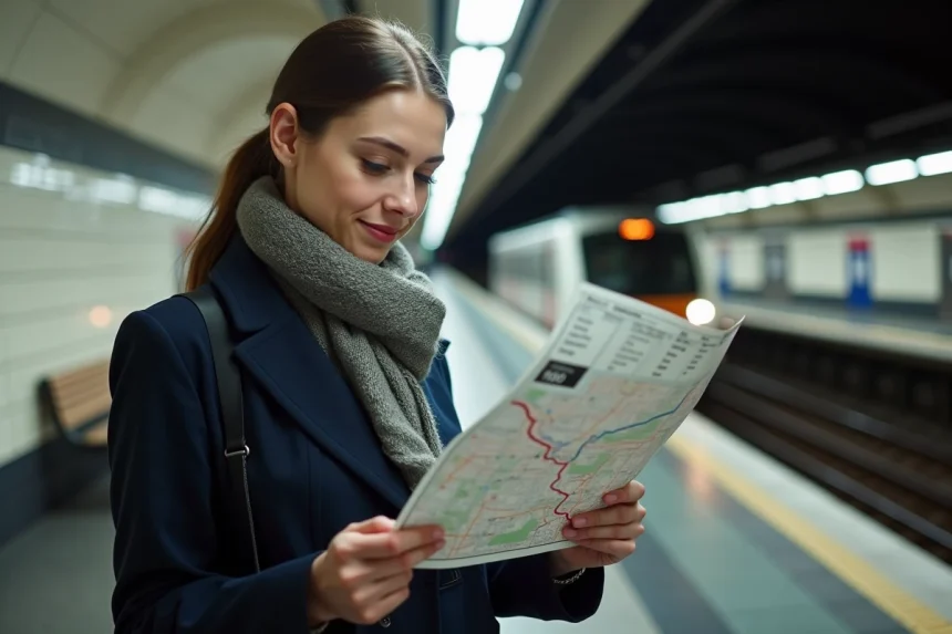 Jeune femme étudie une carte du métro ligne 10