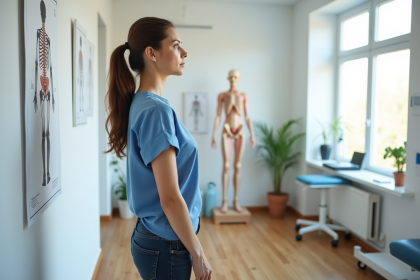 Femme en physiotherapie regardant un schéma de posture
