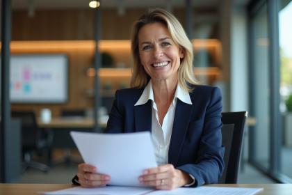 Femme d'affaires en banque examinant des documents de prêt