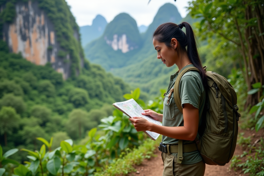 Jeune femme philippine en randonnée dans la jungle de Palawan