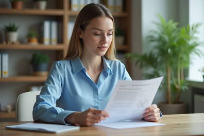 Jeune femme lisant un rapport de santé mentale en bureau