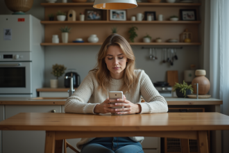 Femme assise pensant avec mug dans un salon cosy