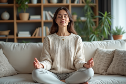 Femme en détente pratiquant la respiration profonde dans un salon cosy