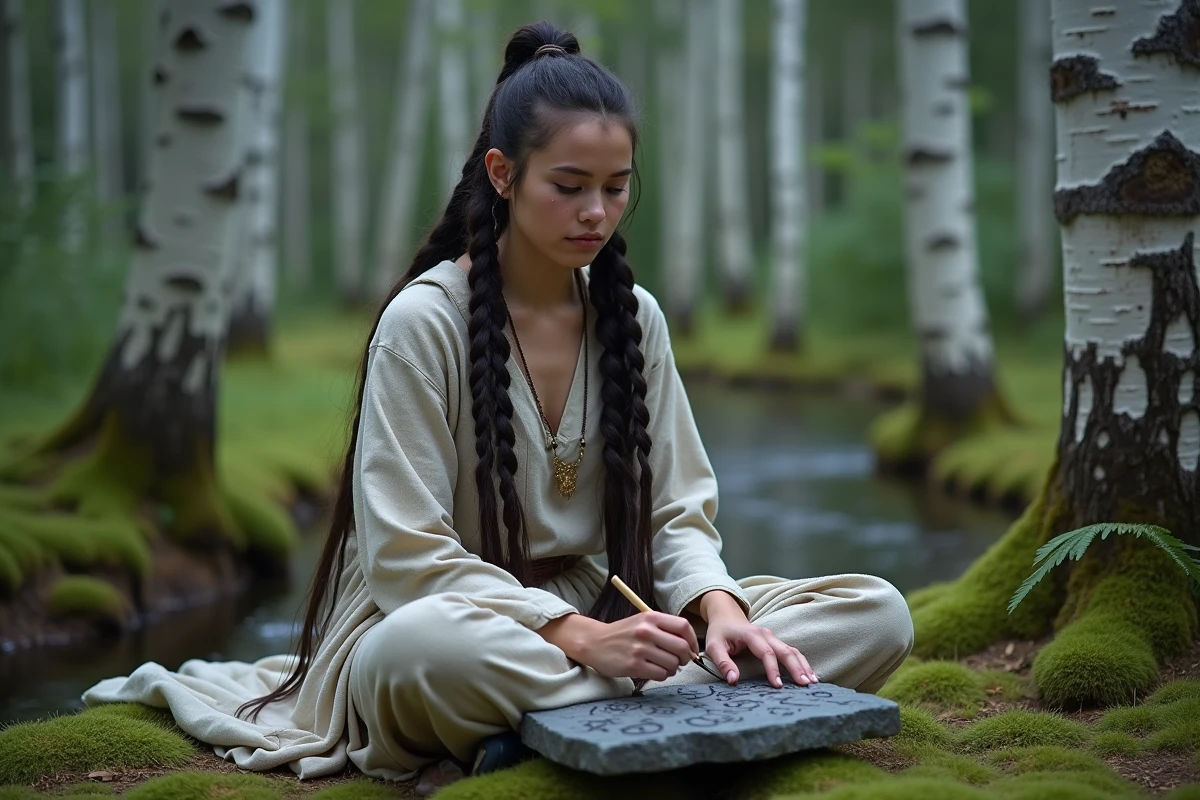 Jeune femme peignant des runes sur une pierre plate au milieu d'une forêt de bouleaux nordiques, vêtue d'une tunique en lin