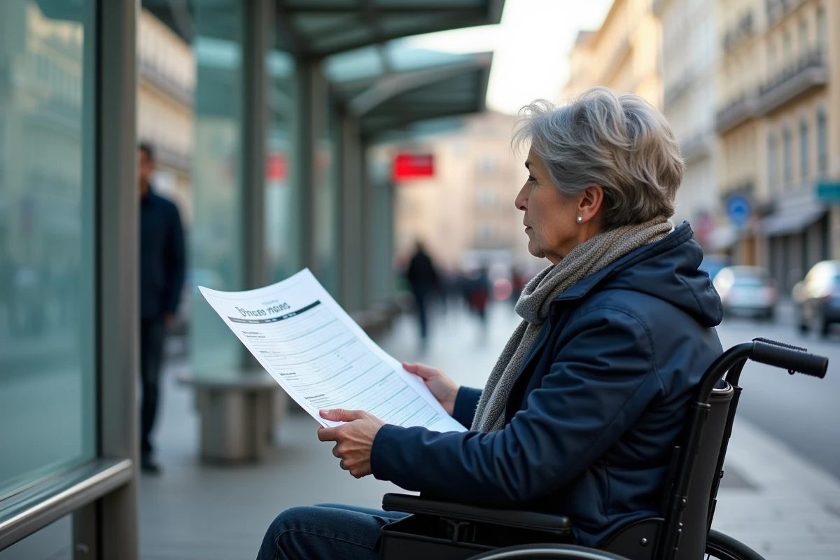 Femme d'âge moyen en fauteuil à Lyon consulte un horaire de bus