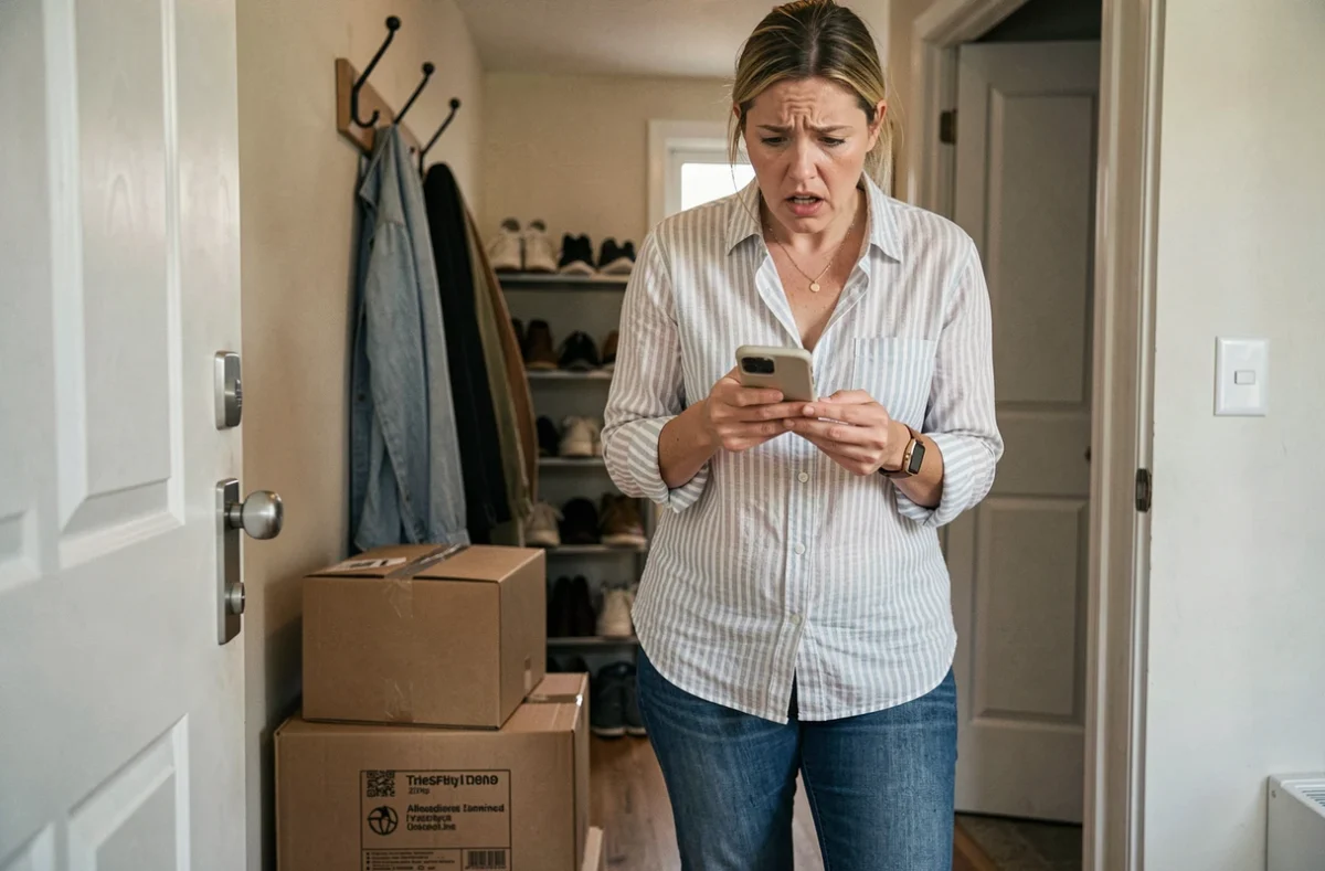 Femme stressée découvrant une arnaque au paiement avant d'expédier un colis vendu sur Le Bon Coin