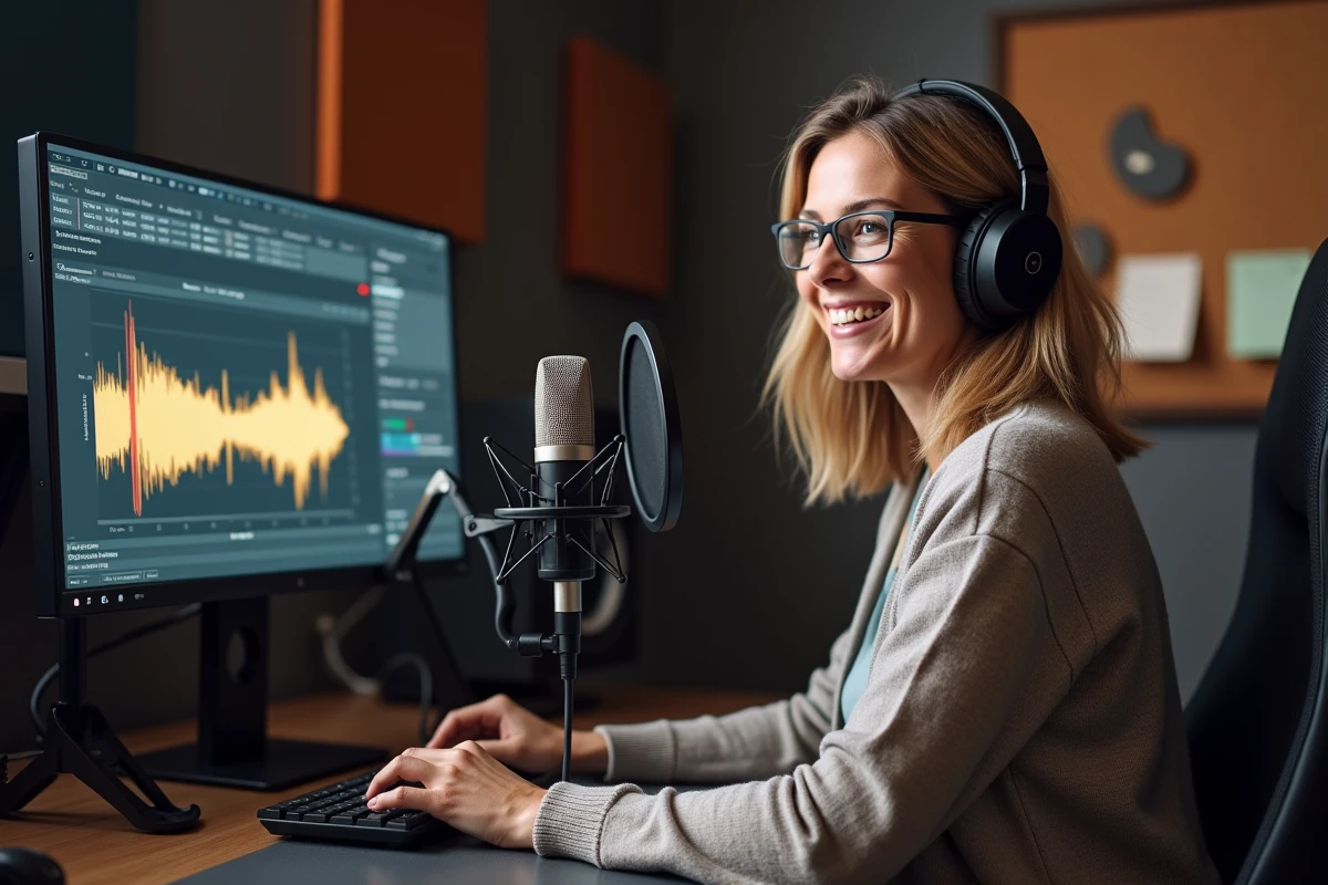 Femme créatrice audio souriante utilisant simulateur sonore