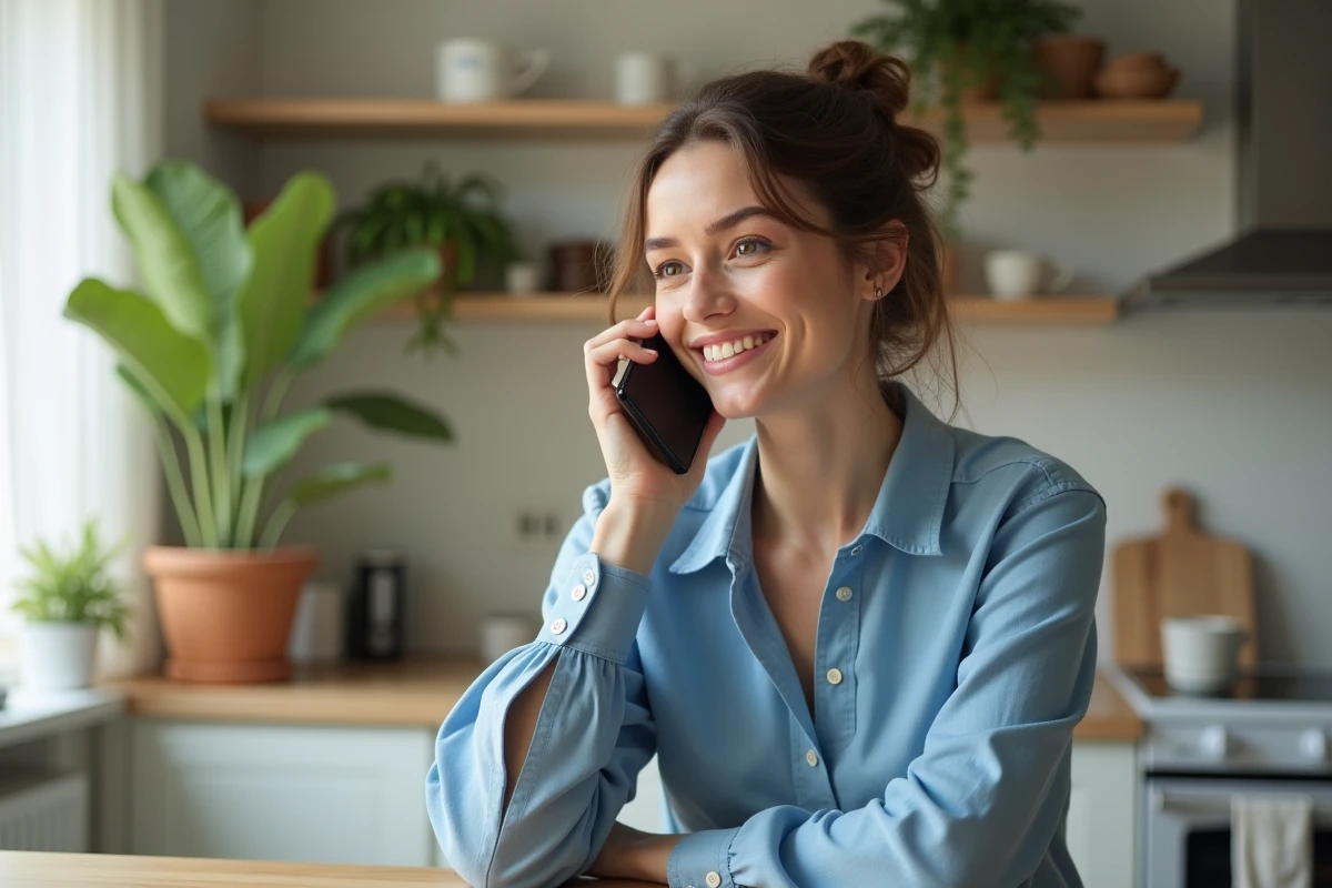 Femme souriante au téléphone dans une cuisine lumineuse