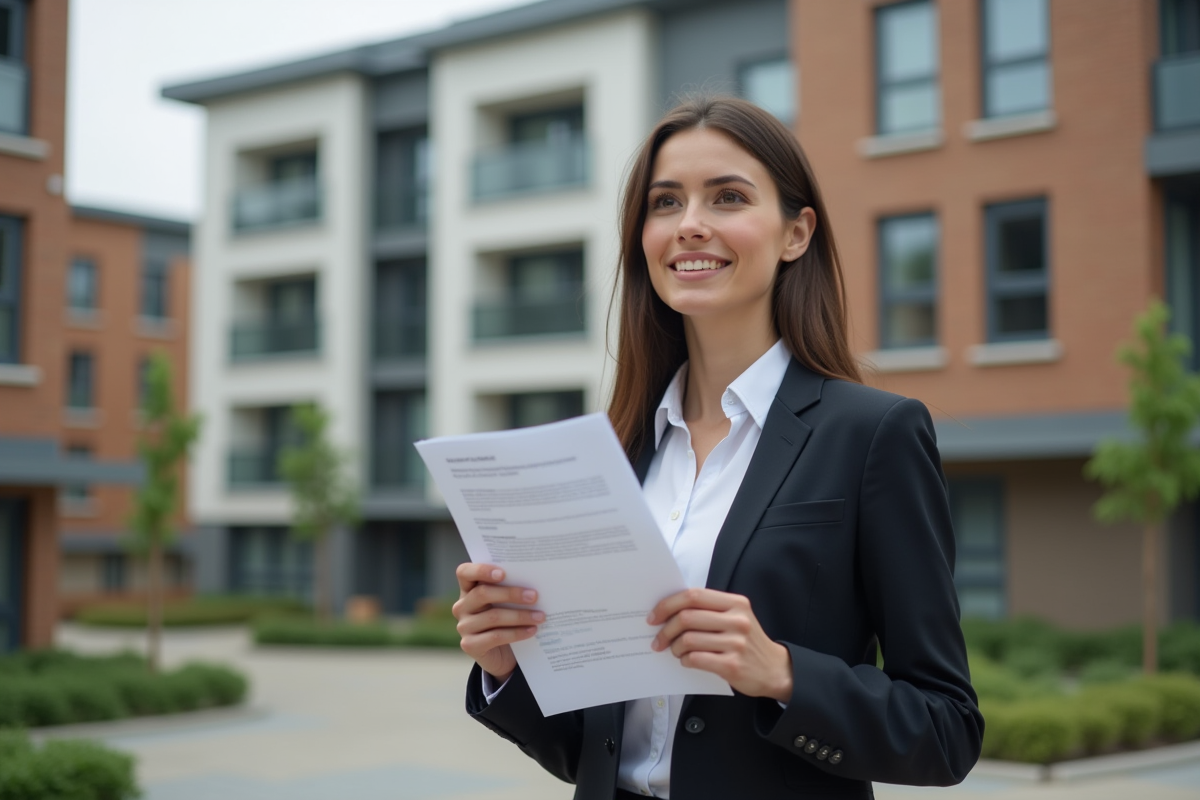 Femme professionnelle devant un complexe résidentiel neuf