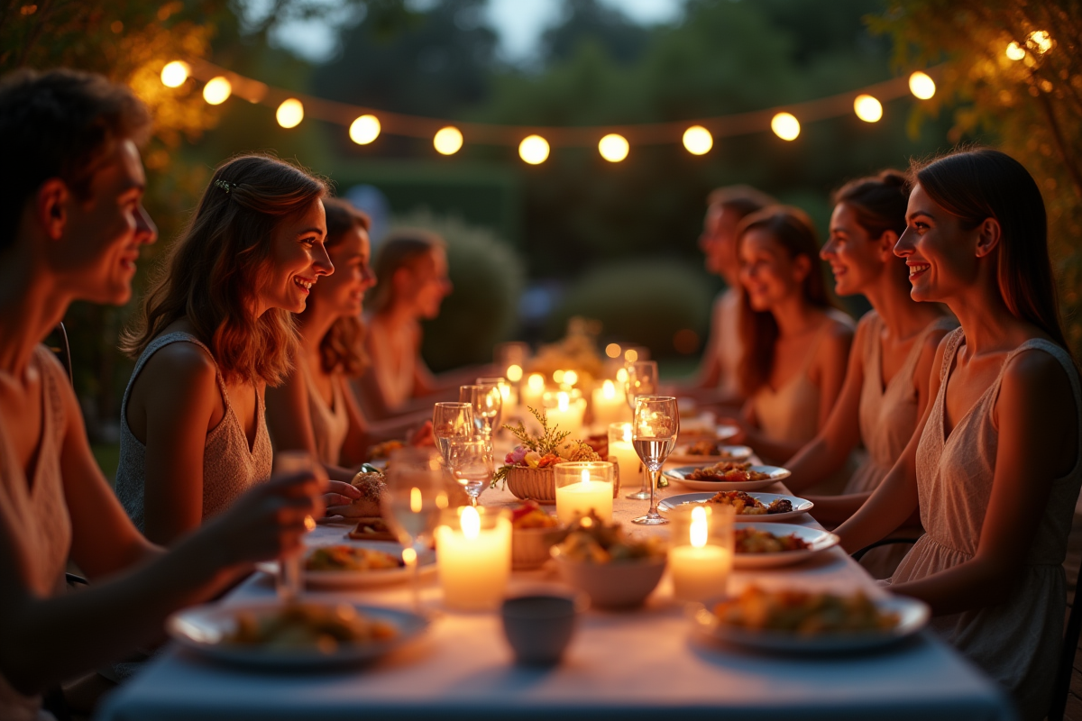 Fête en plein air avec table festive et lumières de fête