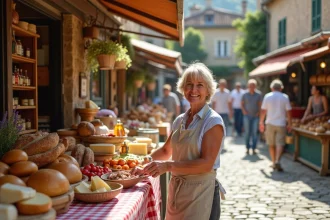 Marché de fête de village en Aveyron avec étals de produits locaux et fromagère en tablier de lin