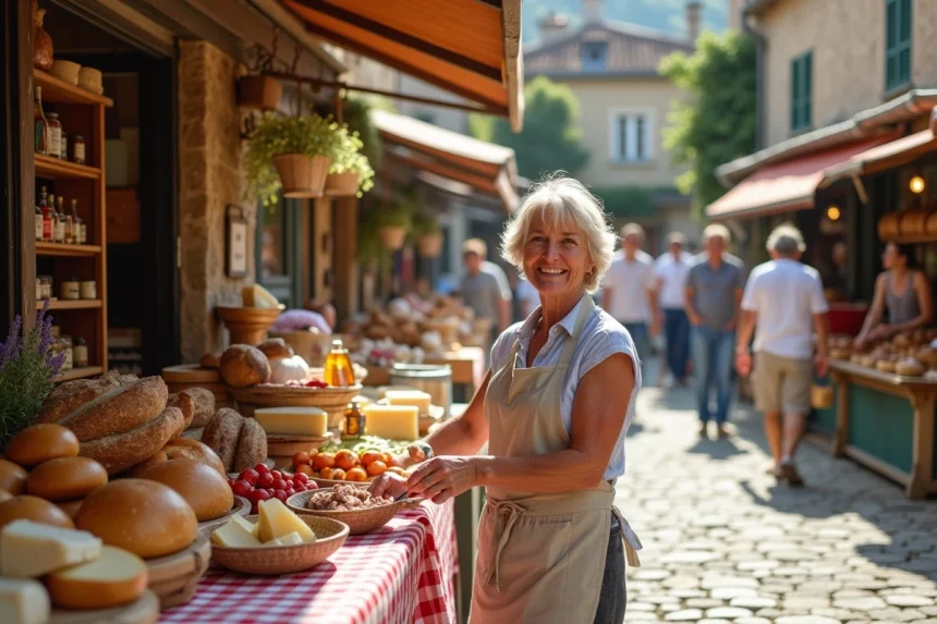 Marché de fête de village en Aveyron avec étals de produits locaux et fromagère en tablier de lin