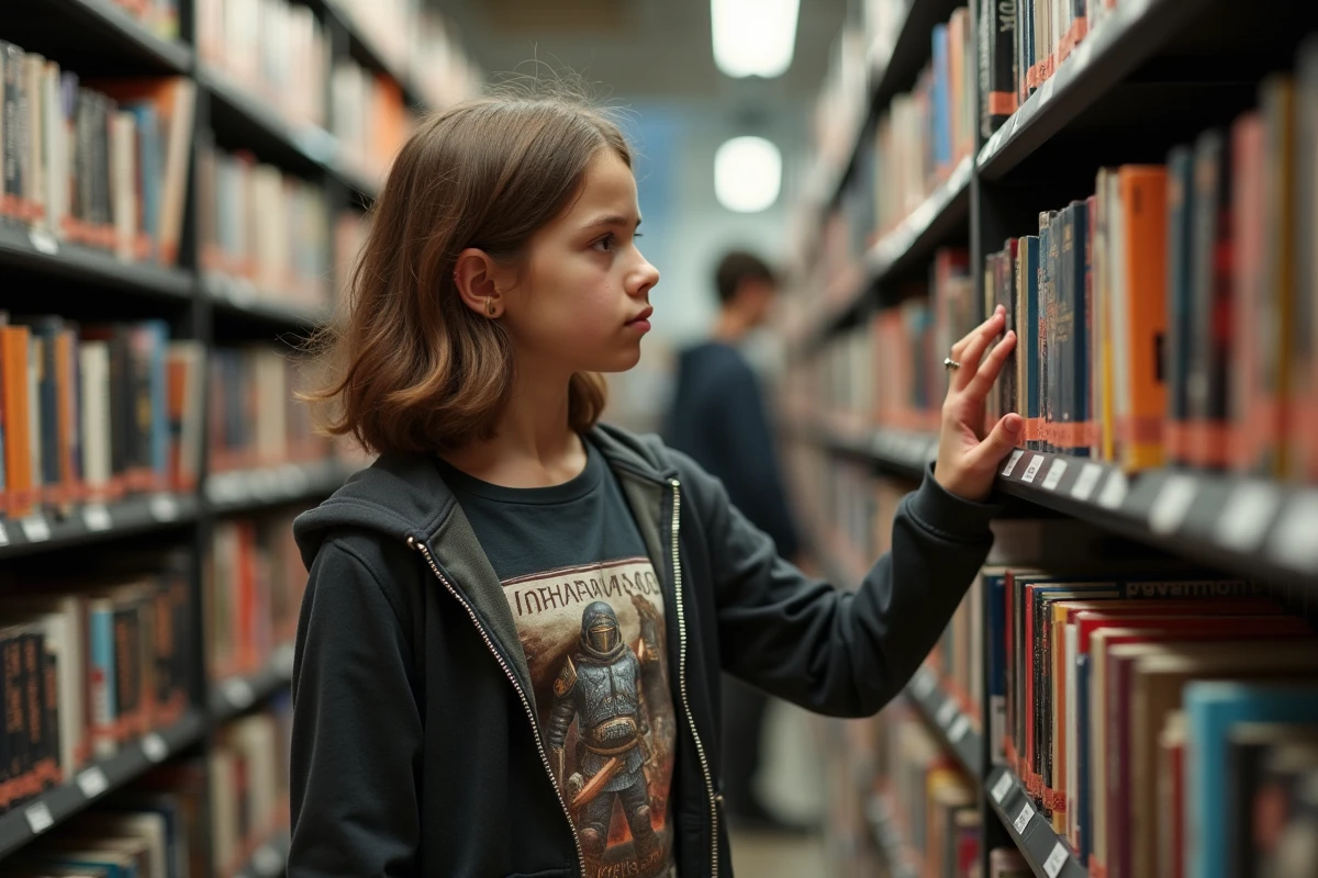 Adolescente cherchant un livre Warhammer dans une librairie