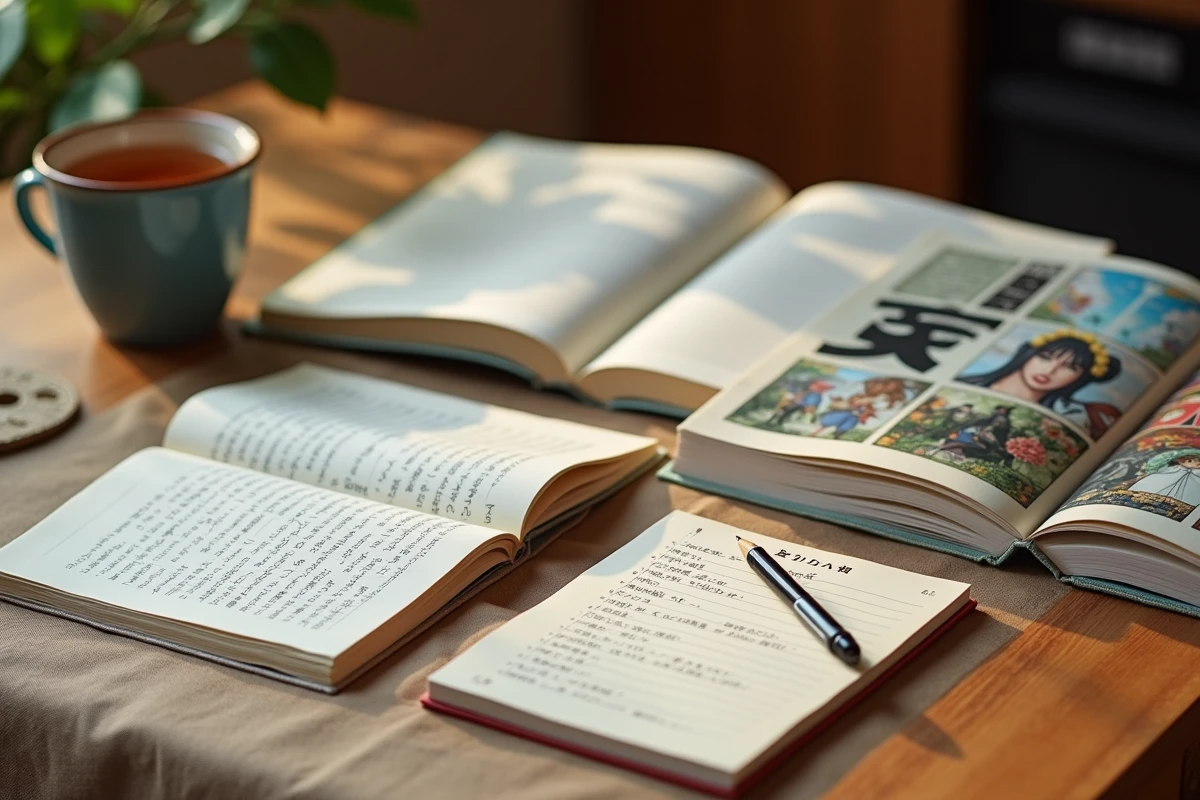 Flat lay de tomes de manga Solo Leveling ouverts avec une liste de lecture manuscrite et une tasse de thé sur une table en bois