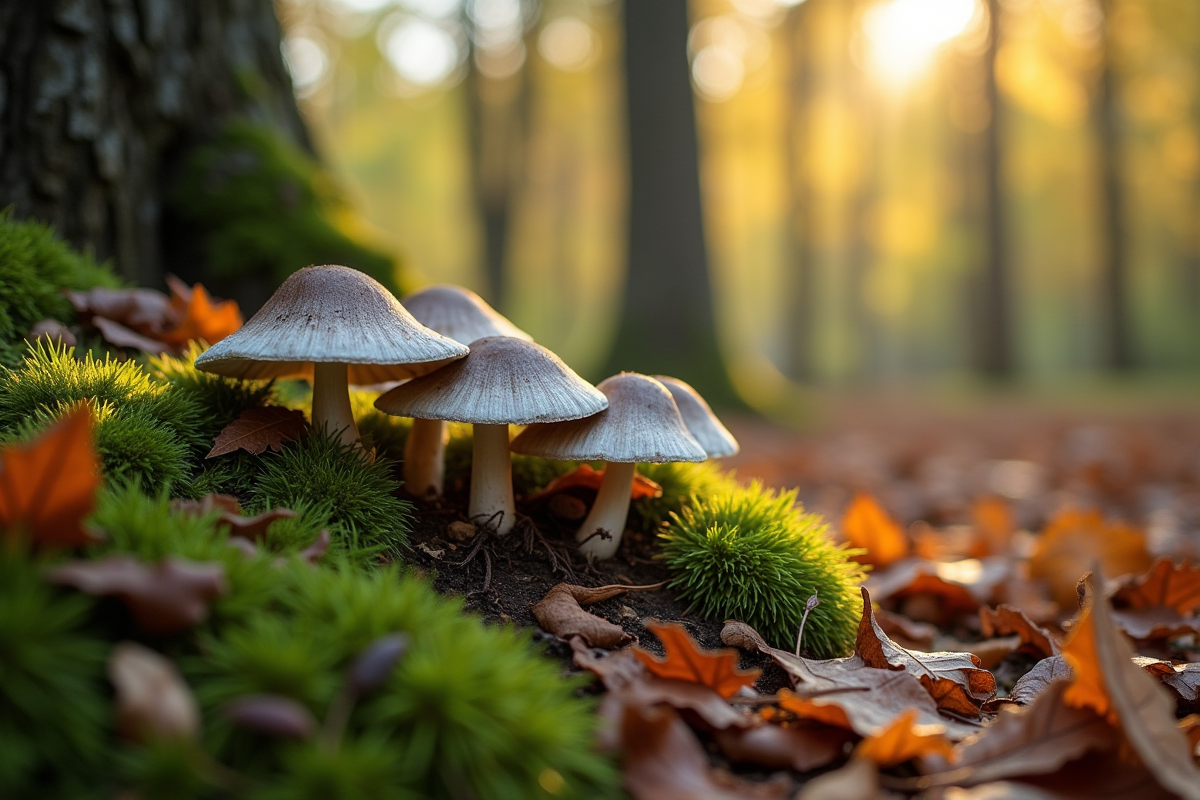 Champignons chanterelles dans la forêt en automne avec feuillage