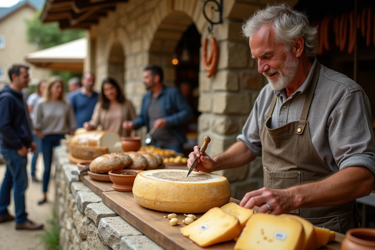 Artisan fromager coupant une tomme de Laguiole lors d'un marché de fête de village en Aveyron