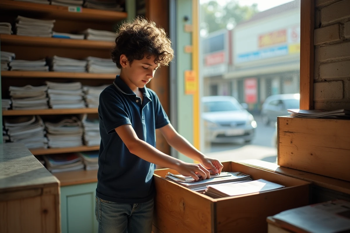 Garçon de 12 ans trie des magazines dans une boutique lumineuse