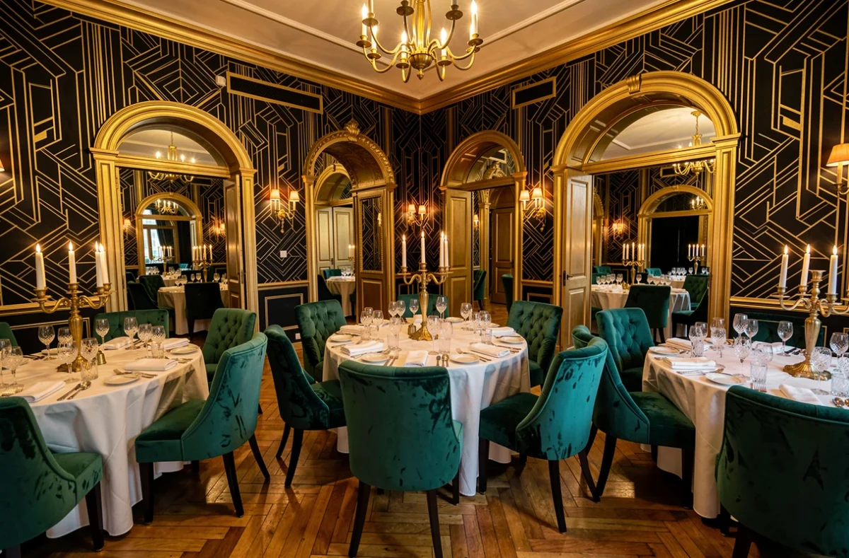 Salle de réception atypique de The Gatsby Mansion à Antibes, décorée dans un style Art Déco avec fauteuils en velours et chandeliers dorés