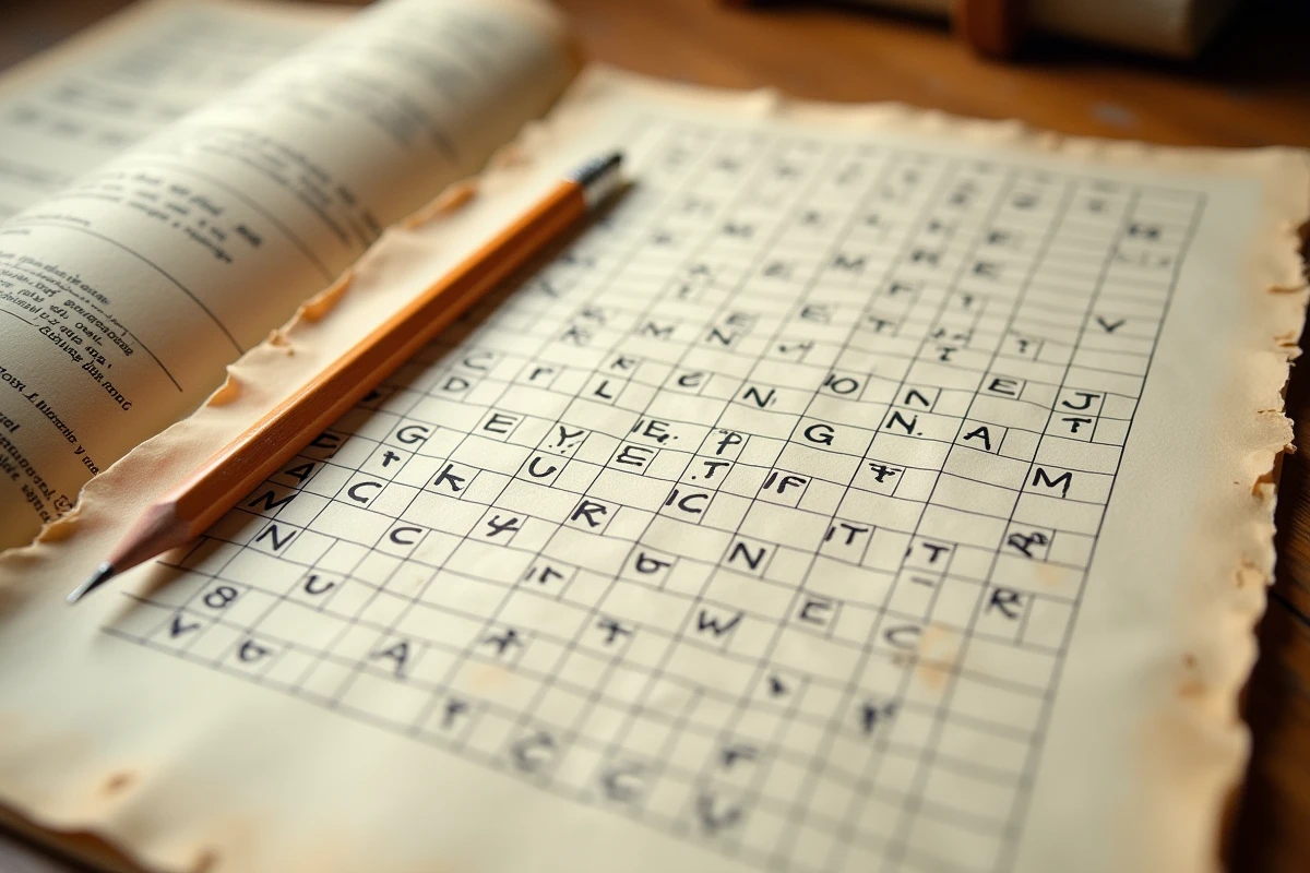 Grille de mots croisés vue de dessus avec des lettres manuscrites et un crayon, focus sur les cases remplies de noms de villes du Nevada