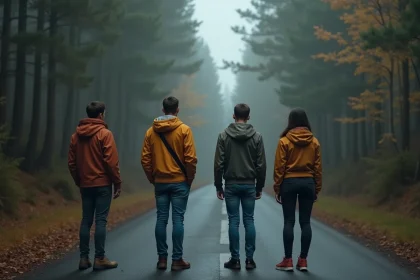 Groupe de jeunes adultes dans la for&ecirc;t brumeuse