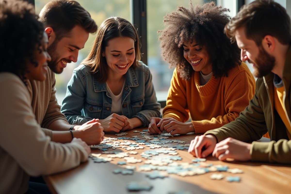 Groupe d'amis résolvant un puzzle ensemble lors d'une réunion