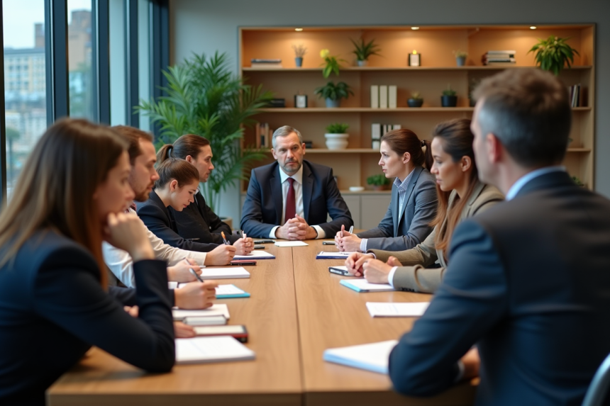 Groupe de professionnels en réunion dans un bâtiment moderne
