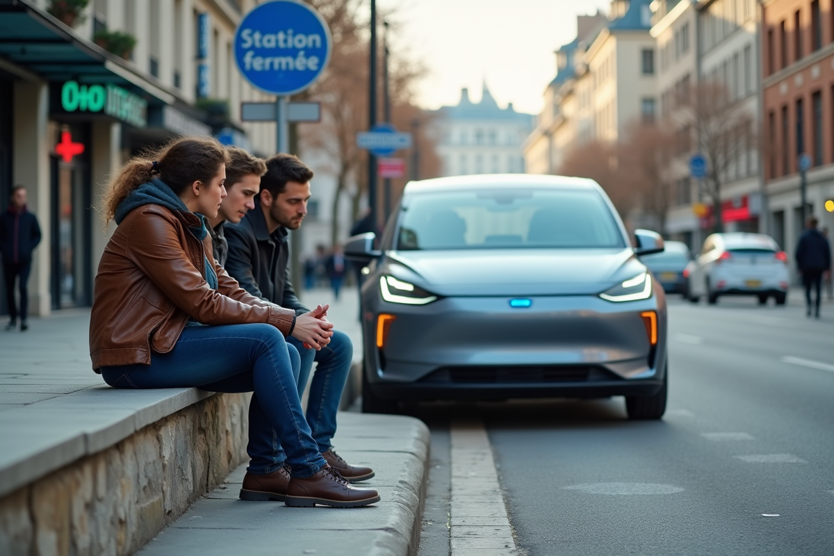 Jeunes discutant près d une voiture hydrogene en ville