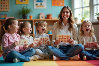 Enfants de maternelle chantant avec une enseignante souriante