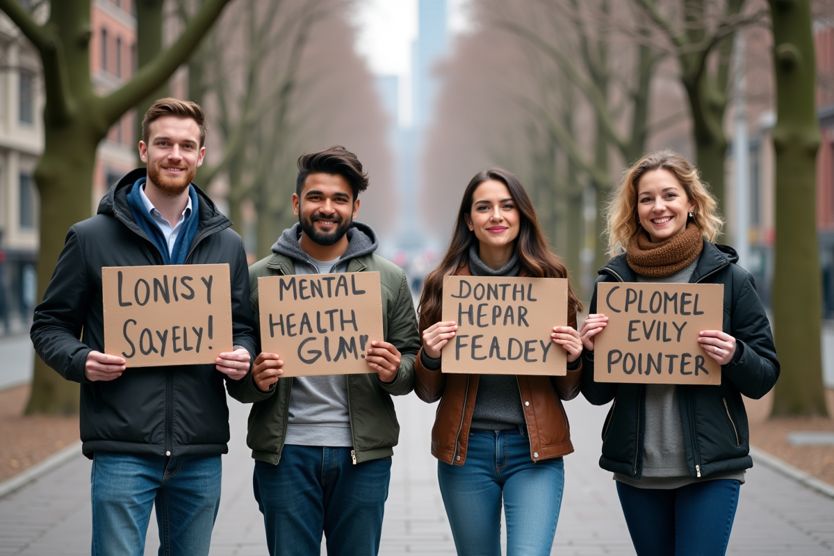 Groupe diversifié avec pancartes sur la santé mentale en parc